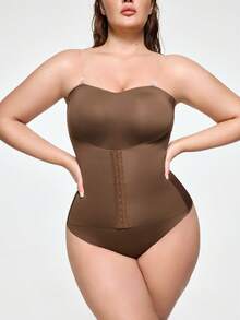 SHAPORA Plus Size Women's Shapewear Bodysuit, Waist & Abdomen Slimming, Bust Enhancing, Front Closure, Double Compression, Butt Lifting, Suitable For Outerwear, Single Piece - Brown - View 4