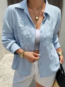Dazy Plus Loose Casual Patchwork Embroidered Floral Pattern Elegant Fun Commute Spring Summer Autumn New Long Sleeve Blue Shirt - Blue - View 1