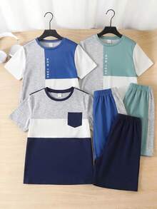 SHEIN 6件組青少年男孩休閒寬鬆字母圖案圓領T恤與短褲套裝，適合通勤、上學、日常穿著、運動活動，春夏季適用 - 彩色 - 查看 4