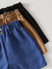 Tween Girl 3pcs Solid Color Elastic Waist Button Decor Casual Shorts - Multicolor - View 7