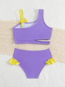 SHEIN Young Girl Beach Vacation Unicorn Print Bow Decor Swimsuit Set - Purple - View 3