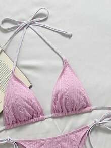 Swim Mod 女款粉色特殊面料掛脖細肩帶上衣與側綁帶三角比基尼泳褲套裝，海灘夏季性感泳衣 - 彩色 - 查看 5