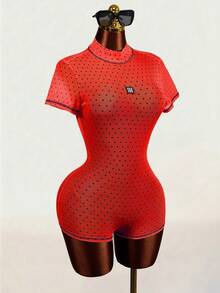 Mistrie 2026 Summer New Red Polka Dot Mesh Turtleneck Short Sleeve Backless Pleated Skinny Sheer Transparent Jumpsuit Set Suitable For Club Party - Red - View 4