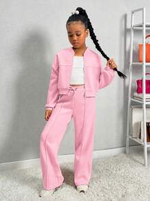 SHEIN 青少年女孩秋季兩件套長袖拉鍊連帽衫 + 寬腿運動褲休閒套裝，適合日常、街頭穿搭，休閒舒適 - 粉色 - 查看 1