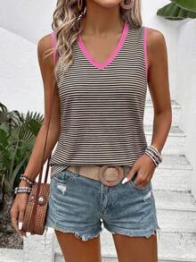 EMERY ROSE Women's V-Neck Striped Colorblock Casual Versatile Daily Outing Top - Multicolor - View 6