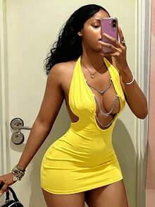 StreetHx Women's Black Deep V-Neck Halter Chain Decor Short Dress - Yellow - View 3