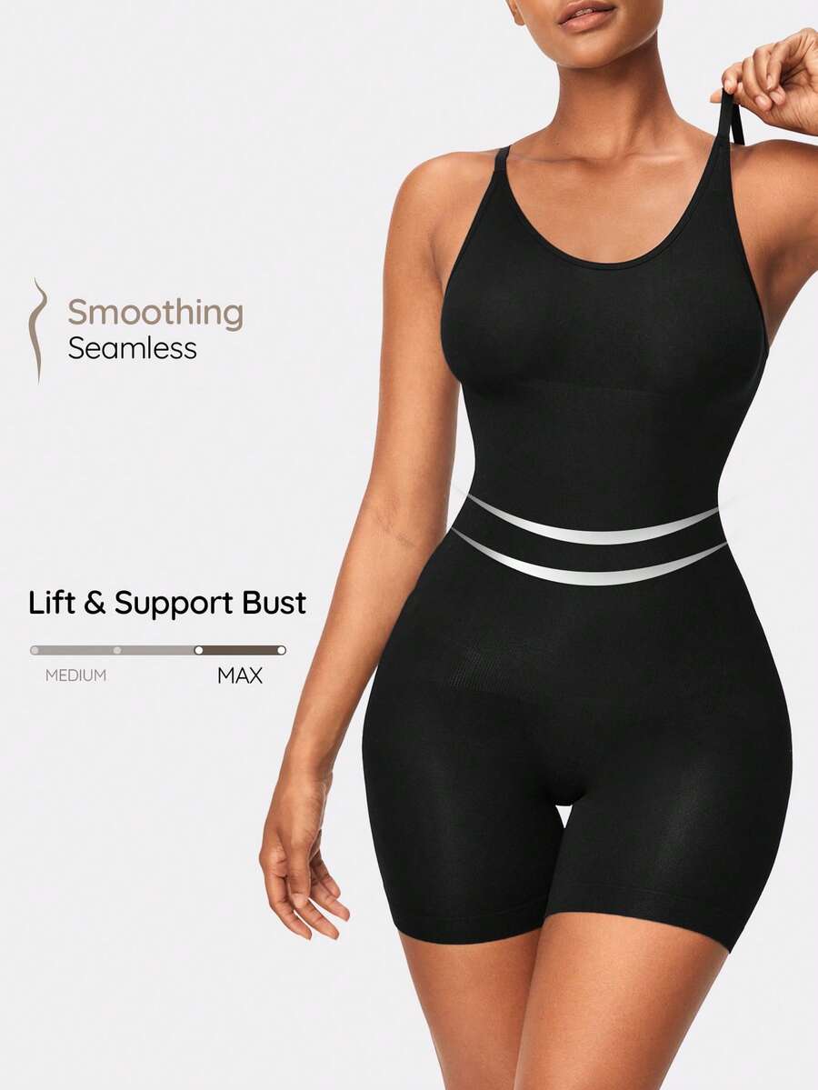 SHAPORA Women's Solid Color Bodycon Romper With Spaghetti Strap - Black - View 1