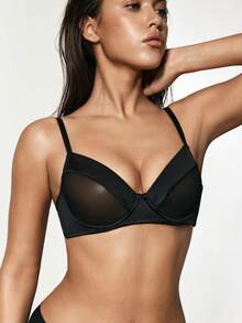 SHAPORA Mesh Splice Fabric Sexy Underwire Bra, Minimalist Sensual Style, No Foam Cups - Black - View 4