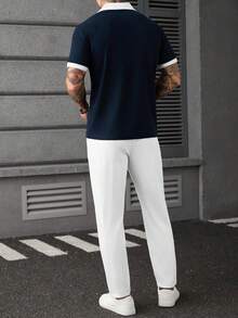 Manfinity CasualCool Men's Plus Size Colorblock Short Sleeve Polo Shirt And Long Pants Casual Daily Set - Navy Blue - View 2