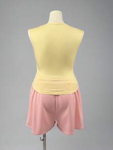 Sweetra Plus Size Wide Strap Square Neck Cinched Cinched Waist Tank Top Wide Leg Drawstring Sports Shorts 2pcs Set Vacation Summer Butter Yellow Pink - Multicolor - View 2