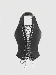ROMWE Grunge Punk Summer Punk Music Festival Eyelet Lace-Up Halter Neck Fitted Denim Top - Grey - View 1