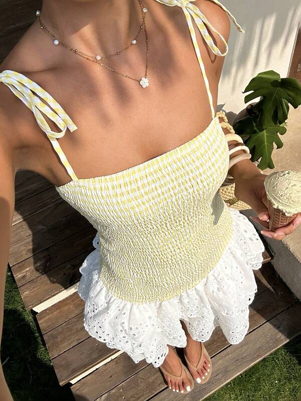 Sunnyshic Women's Yellow Plaid Spaghetti Strap A-Line Mini Dress With Embroidery, Sweet & Cute Style, Beach Outfit, Summer Beach Dress, Fashionable Versatile Seaside Vacation Style
