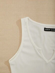 SHEIN PariChic Notch Neck Rib-knit Tank Top - White - View 7