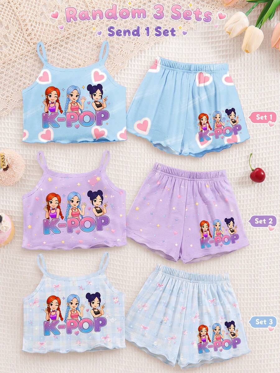 Young Girl Letter Cartoon Print Camisole Top And Shorts Casual Daily Home Pajama Set - Multicolor - View 1