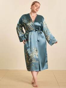 Hourtrue 1pc Plus Size Women Floral Print Satin Robe, V-Neck Long Sleeve Loose Bathrobe, Kimono Style Tie Waist Long Loungewear, Smooth Silk-Like Fabric, Machine Washable, Suitable For Home Use - Olive Green - View 5