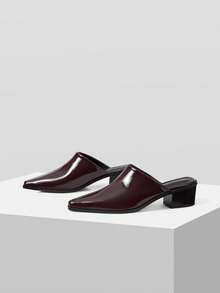 Mnmlis New European And American Patent Leather Pointed Toe Mules Shoes Women, Thick Heel Outside Slippers, Workplace Commuting Versatile Low Vamp Shoes Fall Shoes - Coffee Brown - View 4