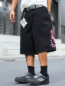 Manfinity EMRG 男士街頭風休閒刺繡黑色牛仔短褲 - 黑色 - 查看 7