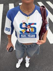 Muchica Paul Frank X SHEIN 女款夏季短袖V領IP聯名配色字母印花休閒短版落肩袖T恤，適合世界盃、比賽日、運動休閒、大學穿搭、畢業季、開學季、度假季 - 彩色 - 查看 3