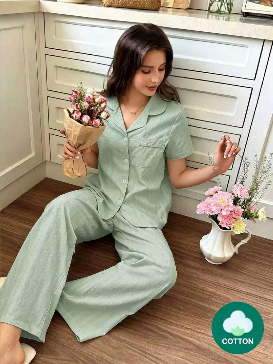 Snug Reverie 女款 100% 純棉 藍色提花 浪漫清新 短袖長褲家居服 2 件套 - 綠色 - 查看 1
