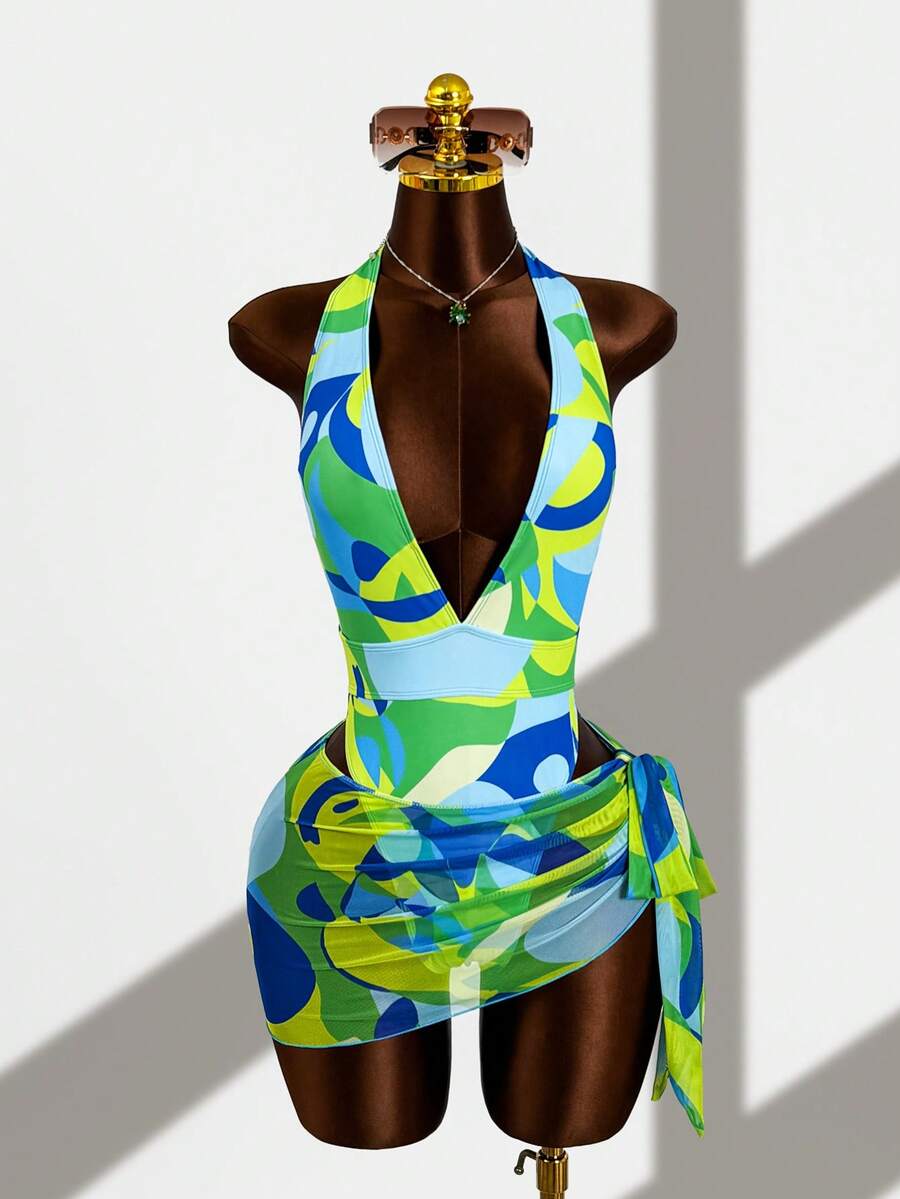 Zestiva Spring/Summer Green Colorblock Print Deep V-Neck Backless High-Cut Skirt Set Viral Hot Style Beach Party Vacation One-Piece Swimsuit With Mesh Skirt - Multicolor - View 1