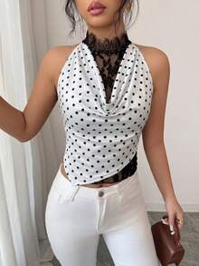 SHEIN Elenzya 女款圓點印花對比蕾絲荷葉邊領背心上衣 - 白色 - 查看 3
