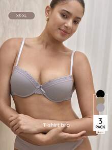 Bralution 3pcs Women Wireless Bras, Minimalist Casual Gathering Cup Brassiere - Multicolor - View 1
