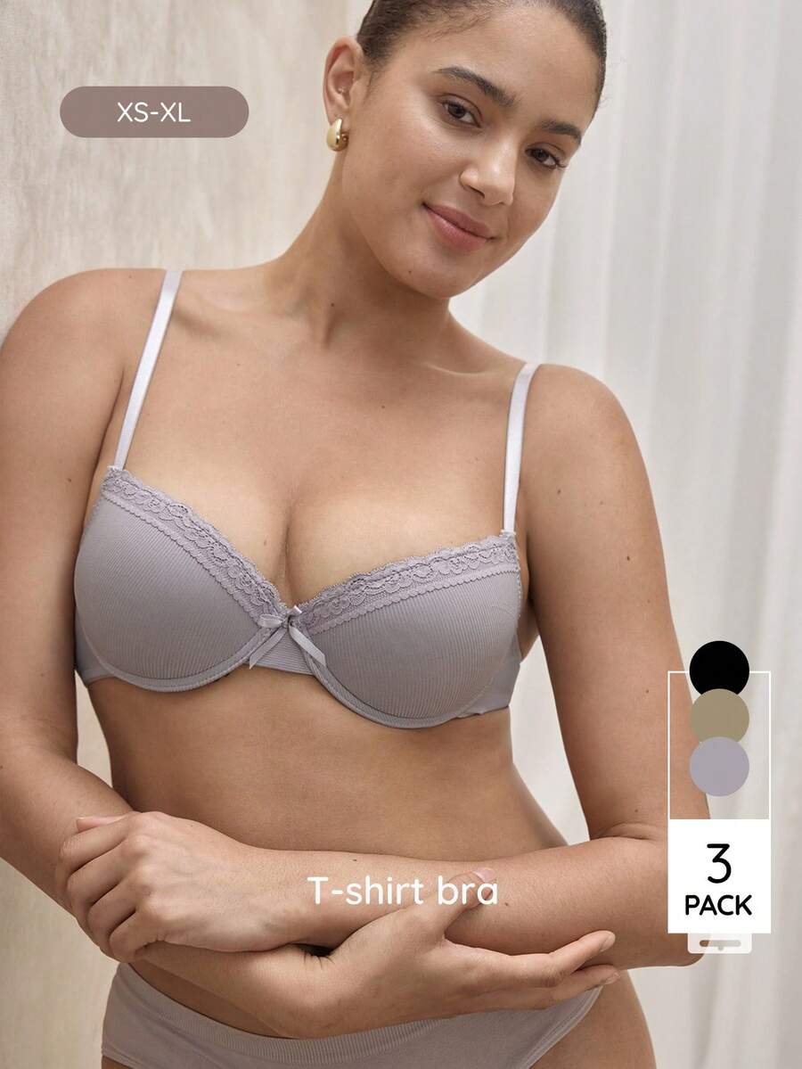 Bralution 3pcs Women Wireless Bras, Minimalist Casual Gathering Cup Brassiere - Multicolor - View 1