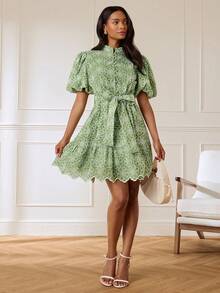 Lilora 女款優雅刺繡洋裝，高端時尚百搭優雅洋裝，適合通勤、日常休閒出遊、聚會、約會、派對、休閒、出遊、假日、度假、夏季、假日旅行 - 綠色 - 查看 4
