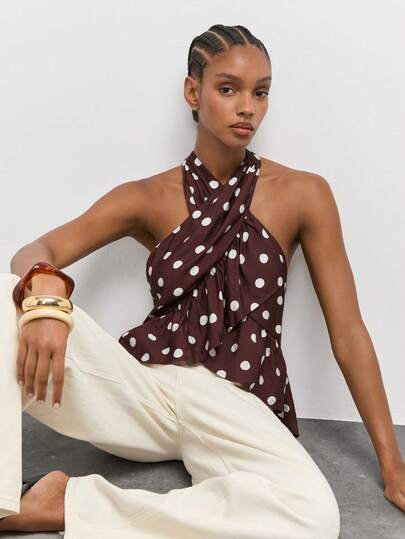 Maija Brown Polka Dot Summer Fall Women's Halter Neck Criss-Cross Wrap Ruffle Backless Top Festival World Cup  Back To School Party Graduation