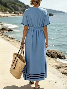 SHEIN Holidaya 女款V領短袖鬆緊腰A字洋裝 春夏優雅歐風熱帶休閒約會度假海灘下午茶淺藍色 - 藍色 - 查看 2