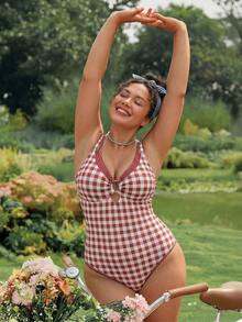 Swim Mod 2026 New Spring/Summer Plus Size One-Piece Plaid Polka Dot Random Print Large Scoop Neck Front Center White Ring Design Dual-Color Detachable Shoulder Strap Women's Swimsuit Suitable For Beach Vacation - Multicolor - View 4