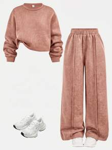 SHEIN Tween女孩秋冬休閒街頭風雪花印花寬鬆圓領長袖套頭衛衣＋百褶寬腿運動長褲套裝 2件組 咖啡色 秋冬穿搭 - 粉色 - 查看 2