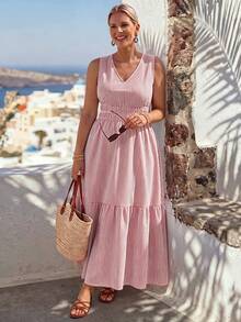 Linhara CURVE Damen Französisch Elegant Lässig Urlaub Pendeln, Gewebter Blau-Weiß Gestreifter Druckstoff, V-Ausschnitt Ärmellos Taillenbetont Schlankmachend Ausgestelltes Kleid, Damenkleid, Sommer Damenkleid, Sommer Outfit, Strand Outfit, Strandkleid, Ausflugskleid, Damen Urlaub Outfit, Urlaubskleid, Damen Lässig Kleid - Verschiedenfarbig - Übersicht 5