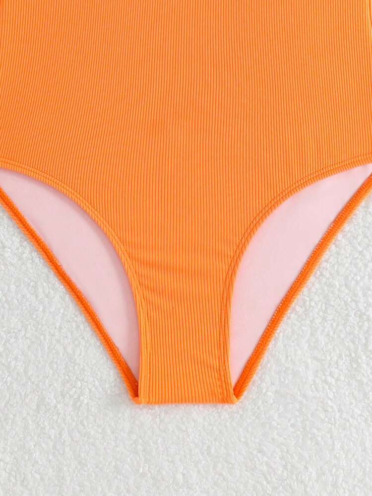 SHEIN Tween Girl Solid Color Spaghetti Strap One-Piece Swimsuit, Suitable For Beach Vacation, Pool Party, Beach Party - Burnt Orange - View 5