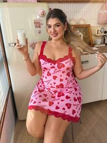 Slumberry CURVE Sweet Hot Girl Ins Heart Text Print Colorblock Lace Patchwork Fitted Mini Plus Size Women's Nightgown - Red - View 4