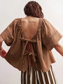 Bohemela Casual Solid Color Woven Loose Fit Women's Shirt - Brown - View 7