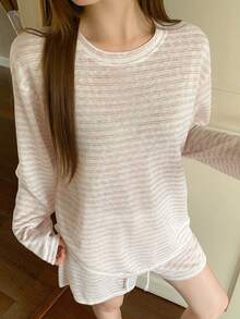 DAZY Conjunto de Pijama Loungewear Feminino com Top de Manga Longa Listrado e Shorts - Rosa chiclete - Visão 1