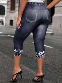 EMERY ROSE Conjuntos de verano con leggings de efecto denim y estampado floral talla grande - Azul Marino - Ver 2