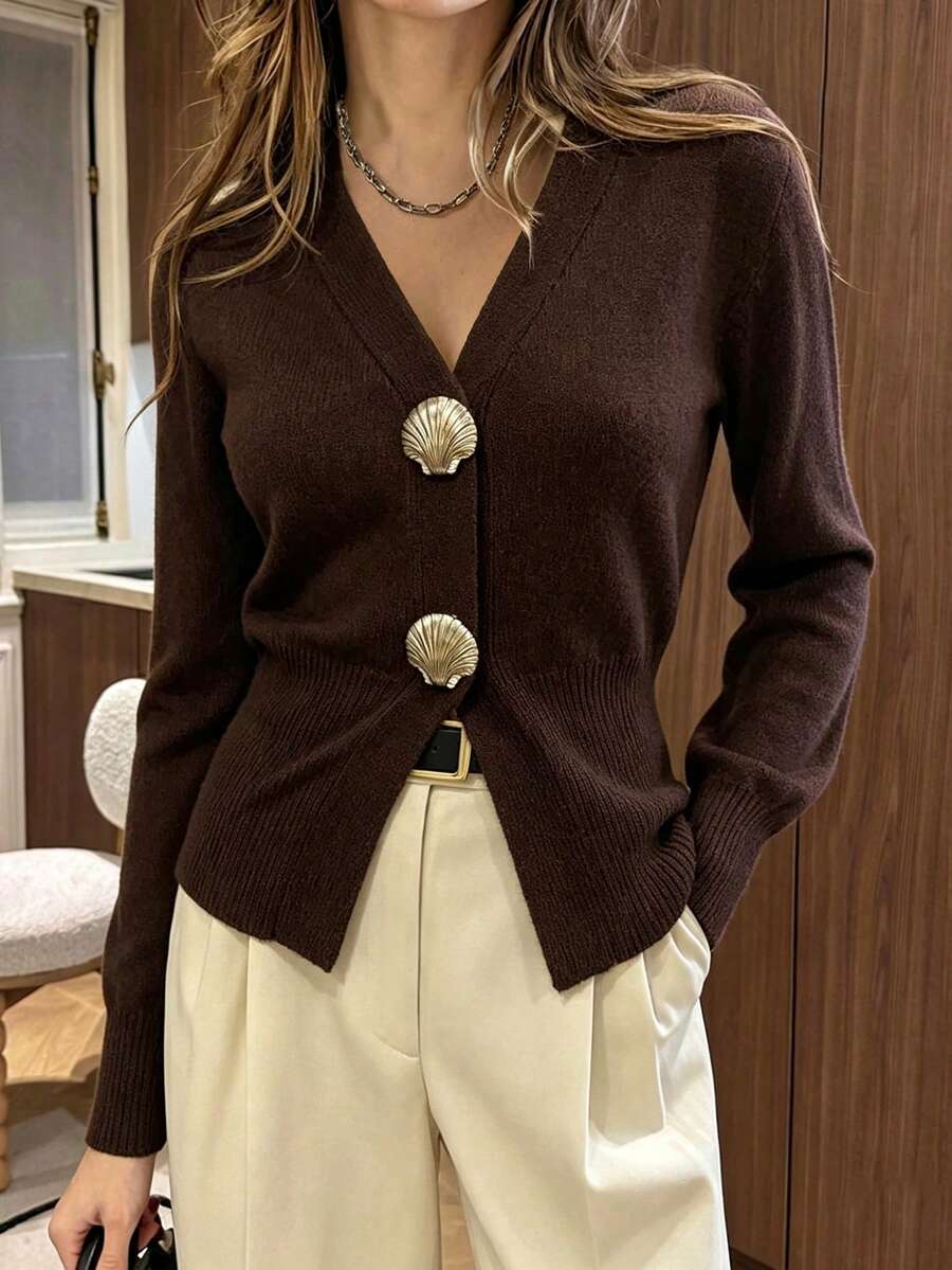 SHEIN PariChic V领针织开衫,贝壳纽扣,优雅日常,秋冬 - 棕色 - 查看 1