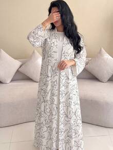 Yasmyna Elegant Printed Headscarf Long Sleeve Flared Women's Abaya - Black and White - View 3