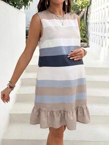 SHEIN Maternity Striped Round Neck Ruffle Hem Casual Sleeveless Dress - Grey - View 4