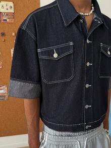 STEELVANCE Men's Plus Size Patchwork Sleeve Black Denim Collar Short Sleeve Jacket Work Office Summer Streetwear Casual - Dark Wash - View 4