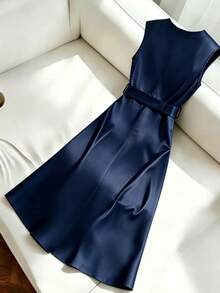 Franclia Women's Elegant Commuter V-Neck Bodycon Fitted Business Satin Stretch Glossy Metal Buckle Dress, Spring/Summer Inner Layer Dress - Navy Blue - View 2