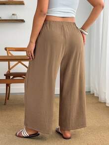 Enliva Plus Size Women Khaki Wide Leg Pants High Waist Drawstring Elastic Casual Pocket Vacation Summer - Khaki - View 2