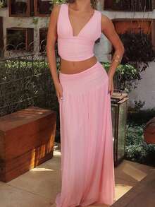juhmazzocco Women's Elegant V-Neck Camisole And High Waist Mesh Skirt 2-Piece Set, Spring/Summer Pink - Pink - View 3