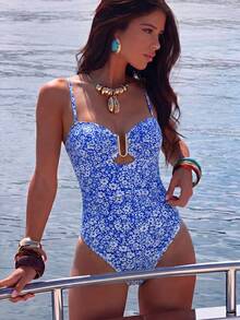 Swim Lushoire 女款藍色花卉U領連身泳衣，適合海灘熱帶度假、夏季輕盈派對 - 藍色 - 查看 2