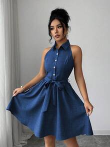 SHEIN Elenzya Sleeveless Shirt Collar Dress With Dual-Tone Linen-Like And Denim Effect, A-Line Silhouette, Elegant And Romantic Design, Suitable For Outdoor Wear - Dark Wash - View 3