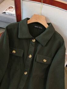 EMERY ROSE Casual Solid Color Cropped Jacket, Versatile For Commuting, Autumn Green Jacket Crop Jacket - Army Green - View 5