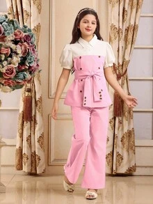 Conjunto de 2 piezas de camisa y pantalones de color block elegante para niñas preadolescentes, verano - Rosa - Ver 6
