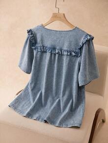 Elaquor Camisa casual de verano con volantes en el bajo y efecto lavado para tallas grandes - Celeste - Ver 2